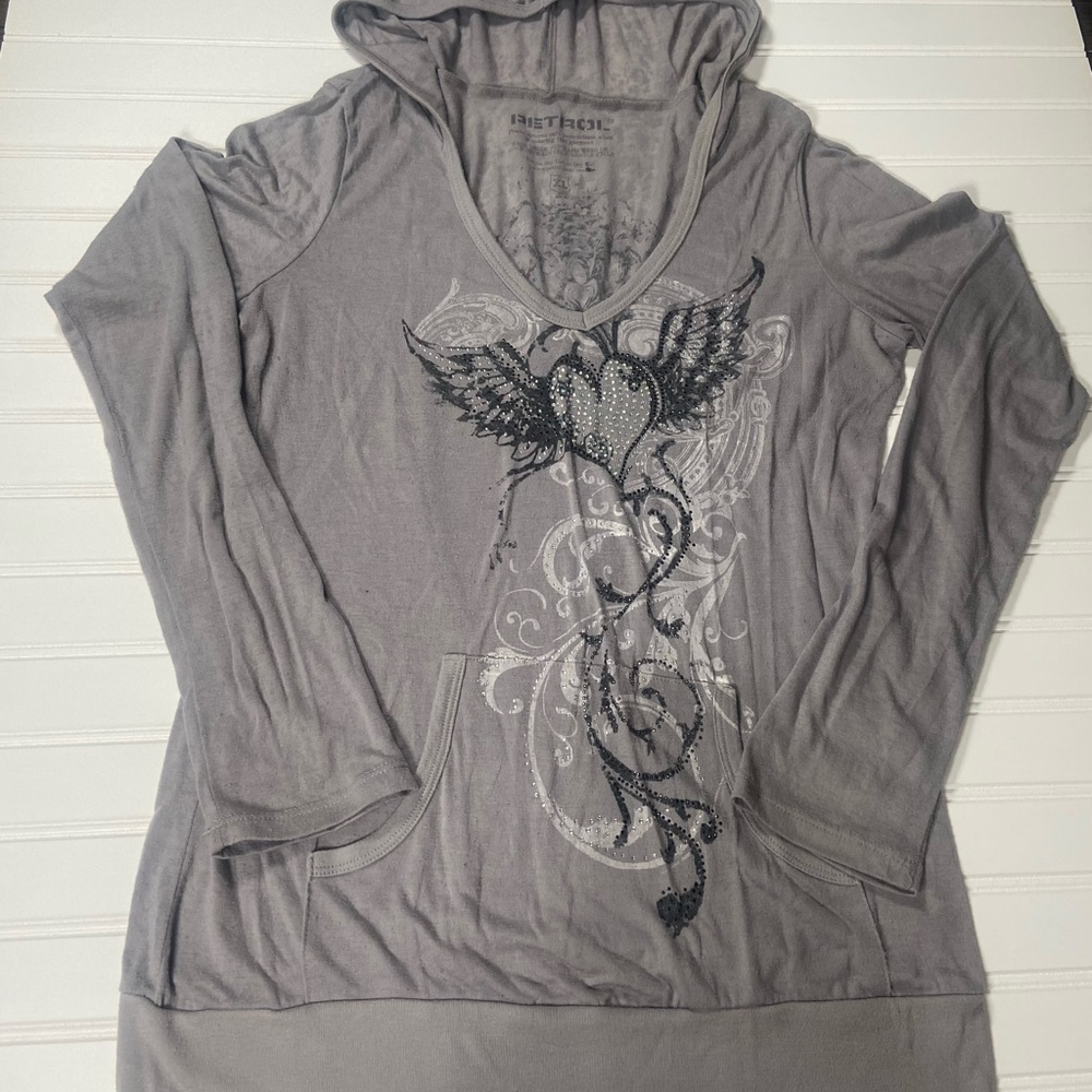 Petrol Graphic Hoodie Rhinestone Heart Wings Gray Long Sleeve Women’s XL